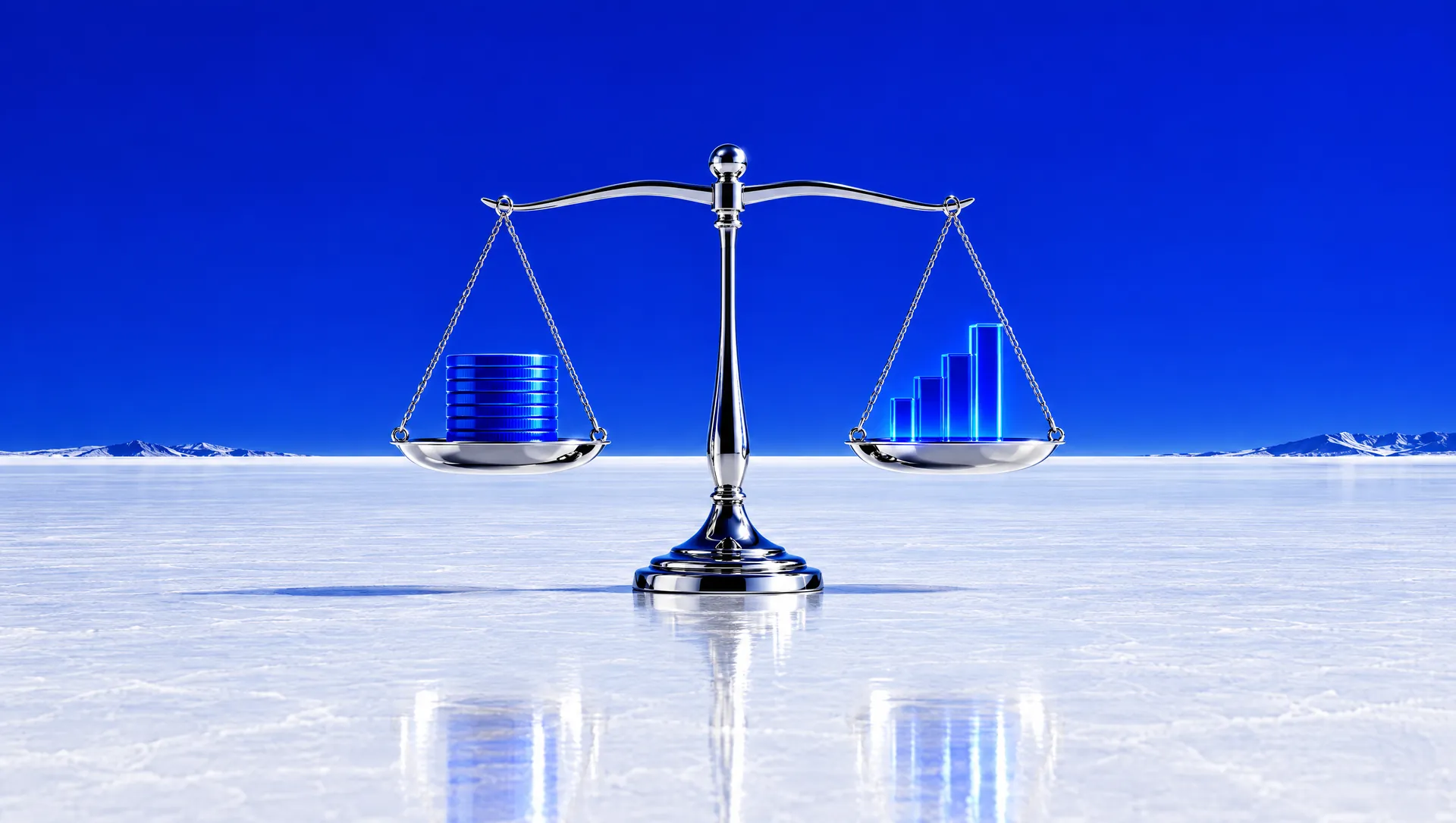 A chrome balance scale holding blue coins and a blue bar chart on a white salt flat
