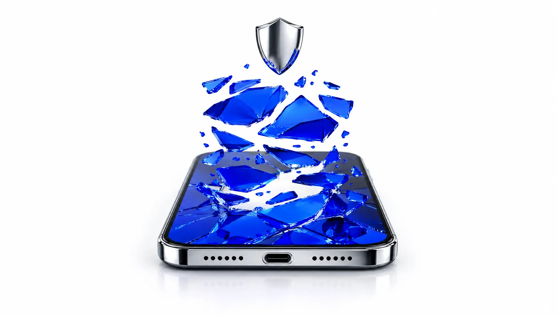 A chrome phone with blue screen shards reassembling above it under a small chrome shield