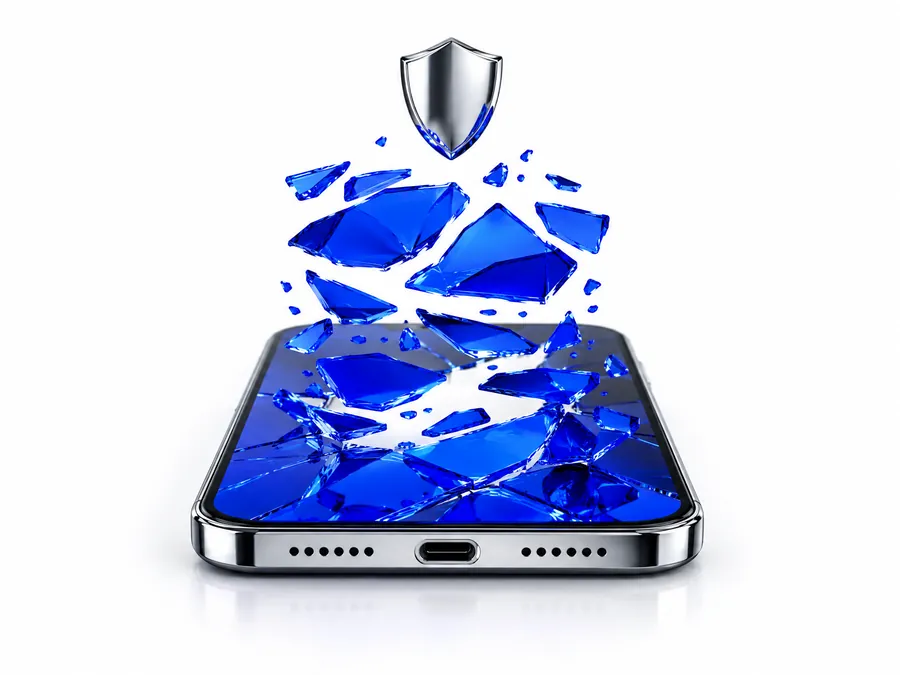 Phone with a shattered blue shield rising from the screen