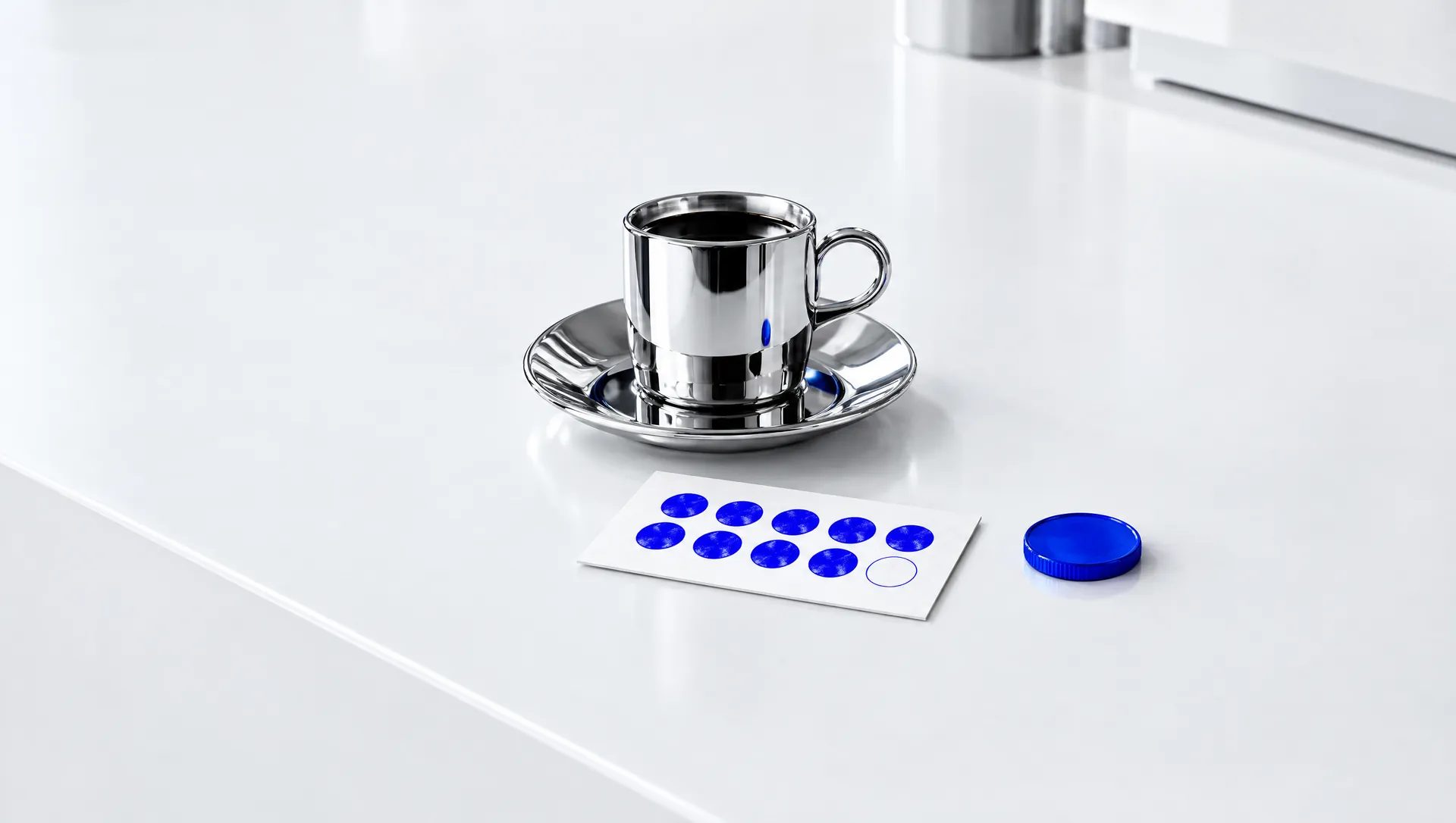 A chrome espresso cup beside a white stamp card with nine blue stamps on a white counter