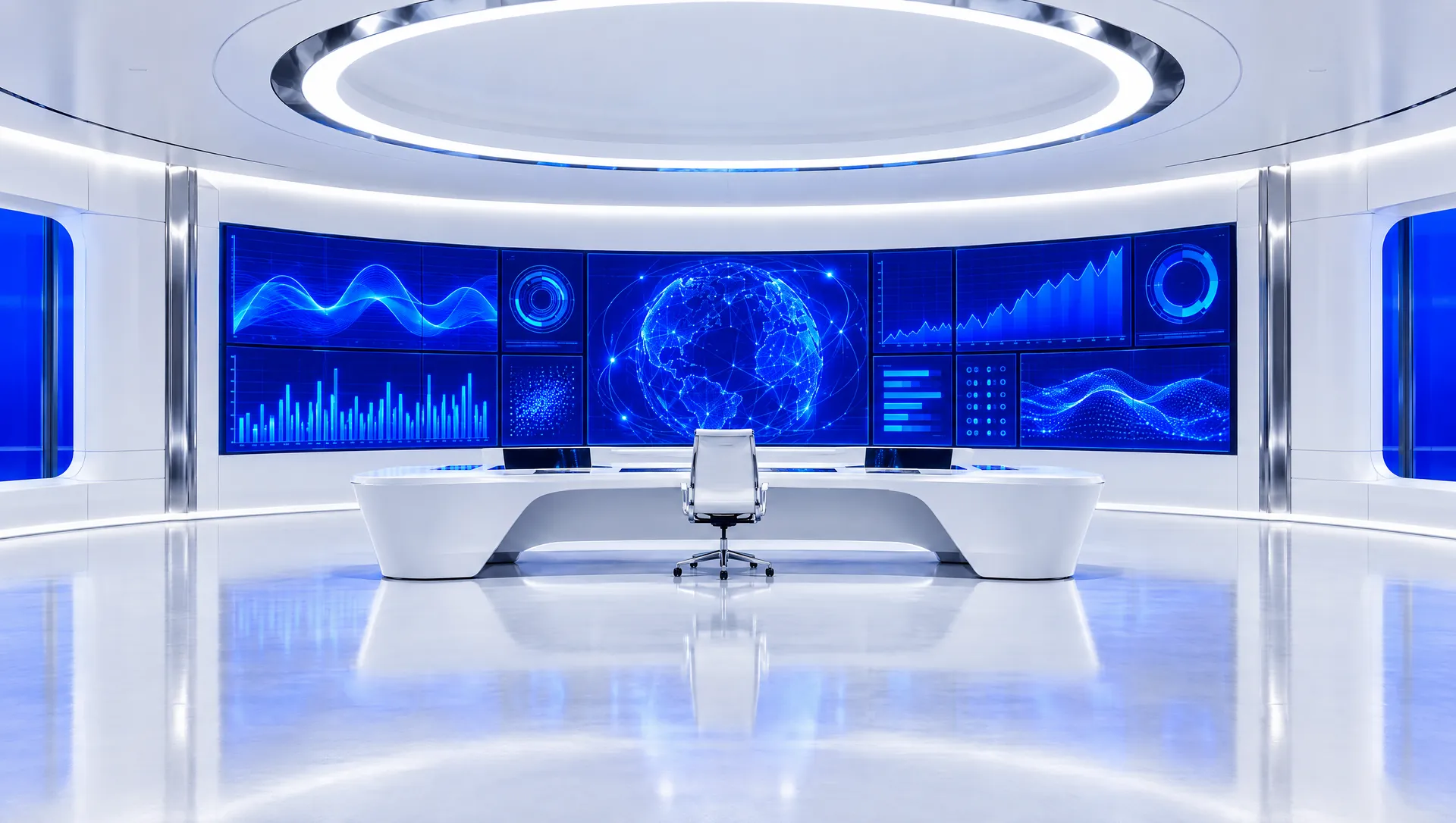 A quiet white command center with a wall of blue performance charts