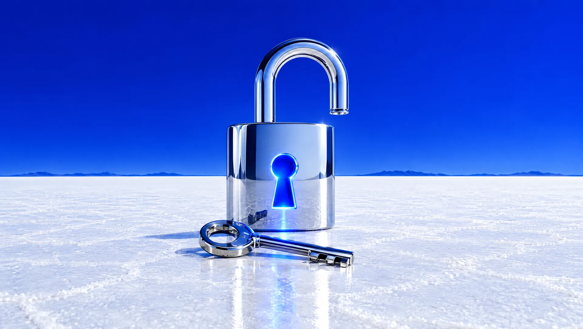 An open chrome padlock glowing blue on a white salt flat with its key beside it