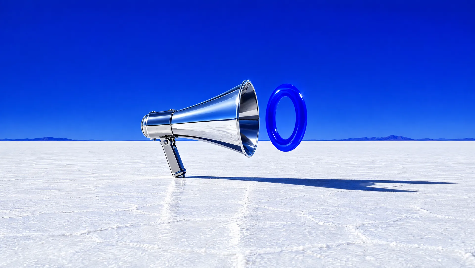 A chrome megaphone on a white salt flat with a single blue sound ring in front of it