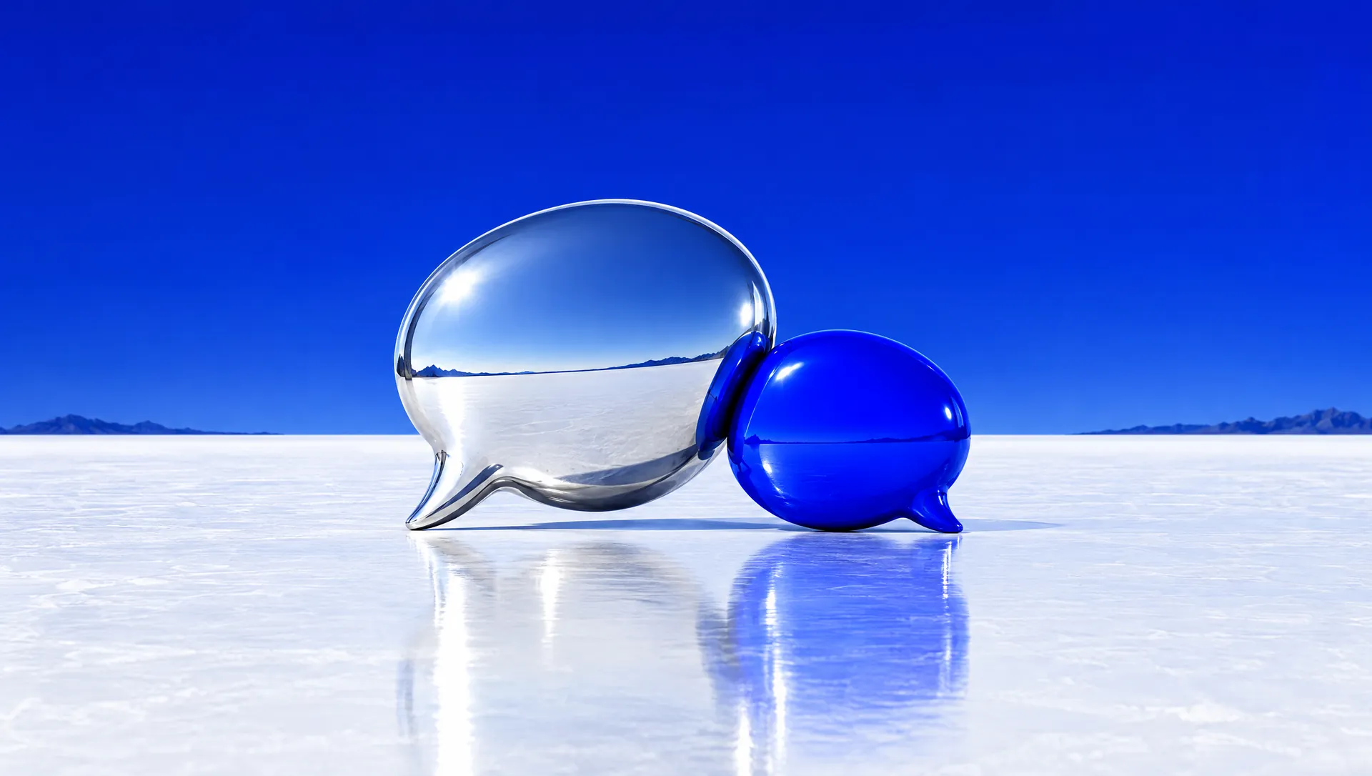 A chrome speech bubble and a blue speech bubble resting together on a white salt flat