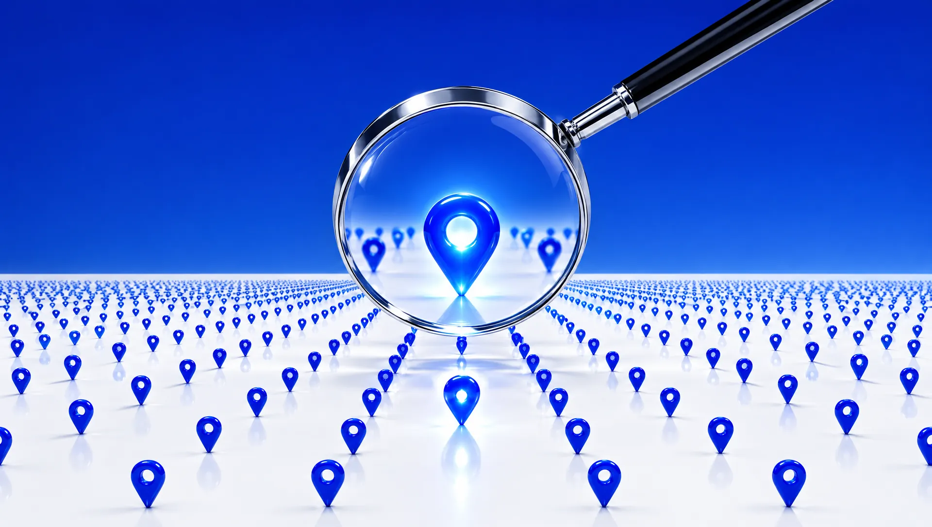 A chrome magnifying lens hovering over a white plain filled with blue location pins