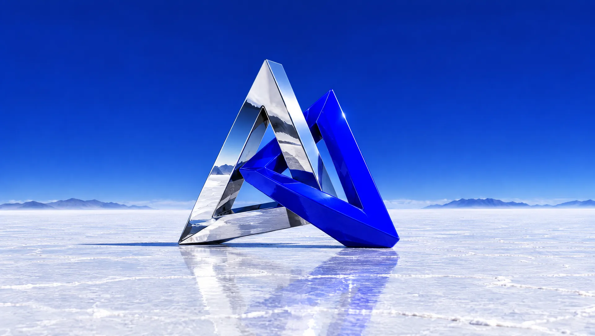 Interlocking chrome and blue triangular sculpture on a white salt flat under a deep blue sky