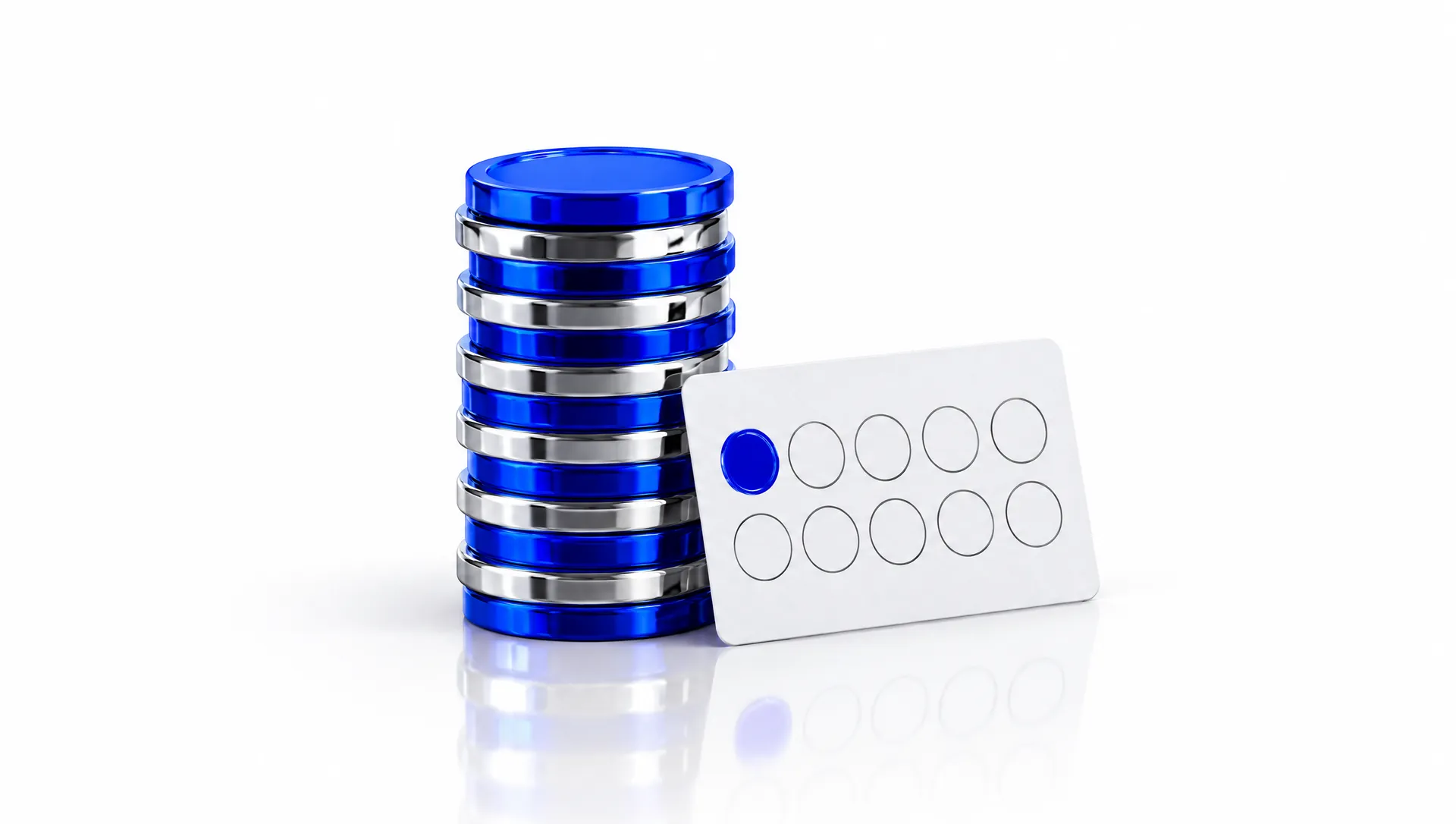 A stack of blue and chrome reward coins beside a white stamp card with one blue stamp