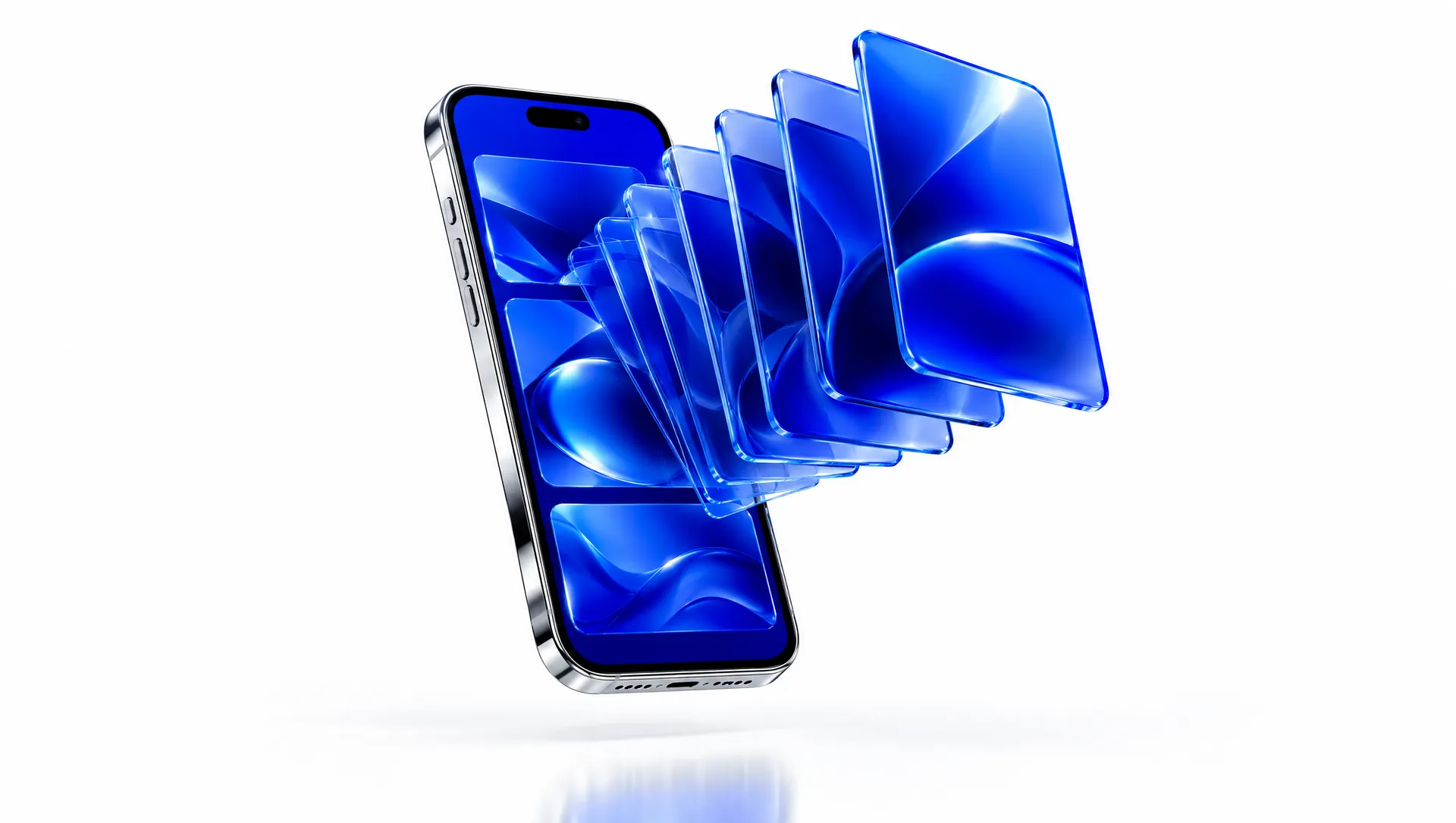 A chrome phone with blue glass feed panels fanning out of the screen