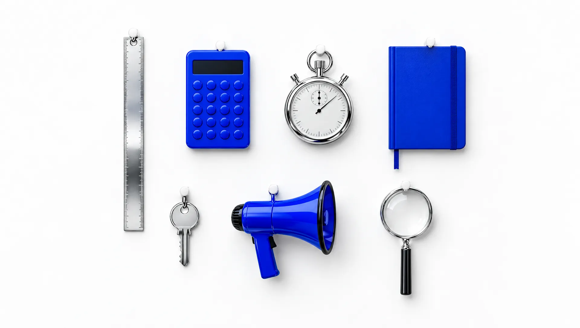 Marketing tools rendered in chrome and blue hung neatly on a white wall