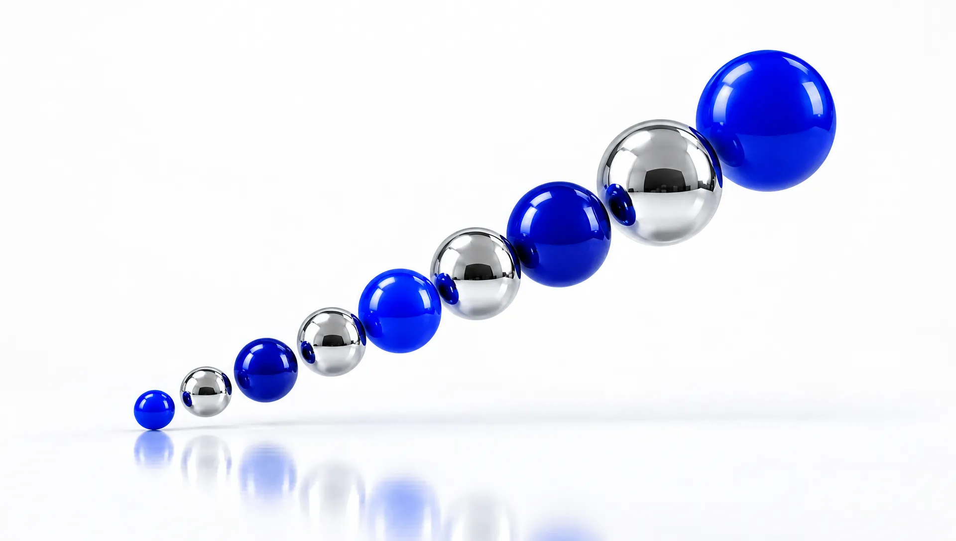 Chrome and blue spheres rising in an ascending line over a white floor