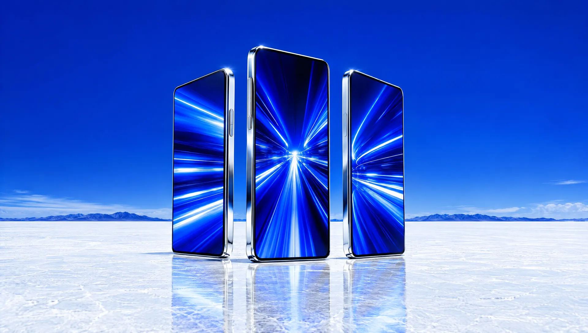 Three chrome vertical phone frames on a salt flat with blue light streaks on their screens