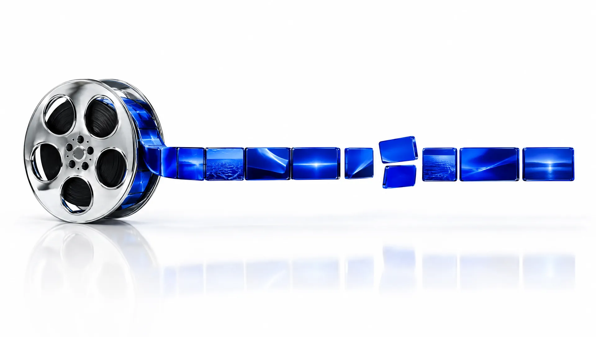 A chrome film reel unspooling into a row of blue timeline clips