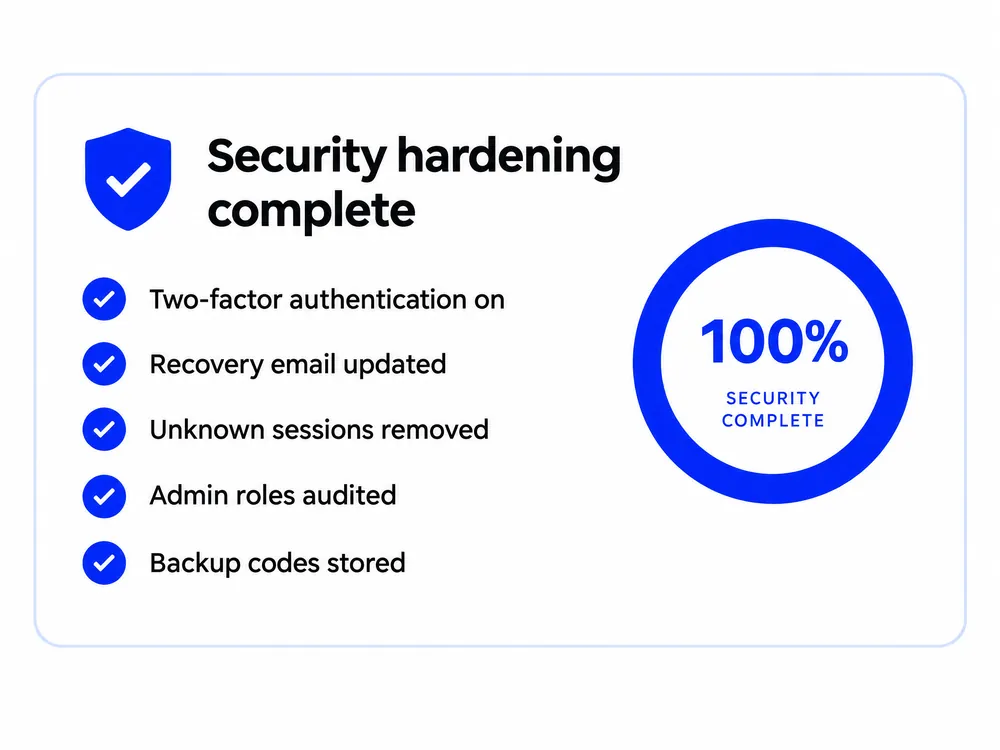 Security checklist showing two-factor authentication, sessions, and admin roles fully hardened
