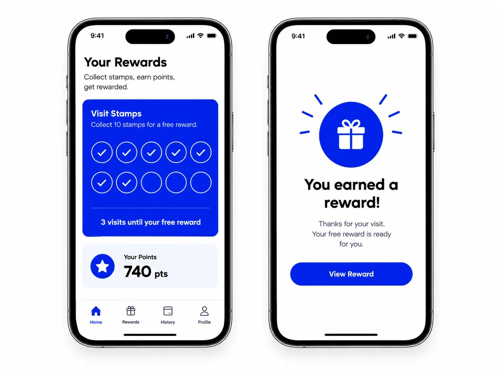 Phone showing a branded rewards card with seven of ten stamps filled