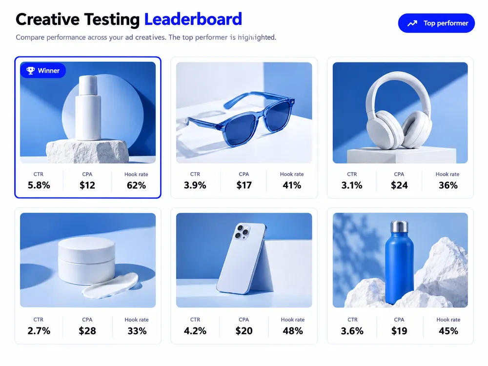 Creative testing leaderboard with the winning ad tagged