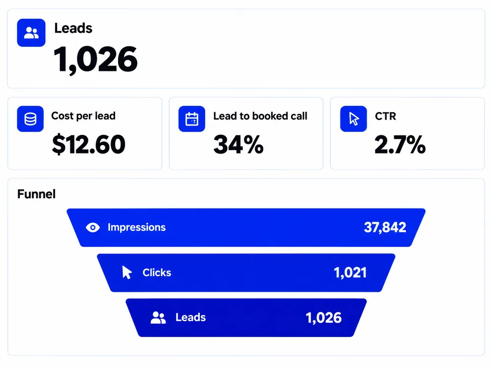 Lead campaign report with 1,026 leads at $12.60 and a 34 percent booked-call rate