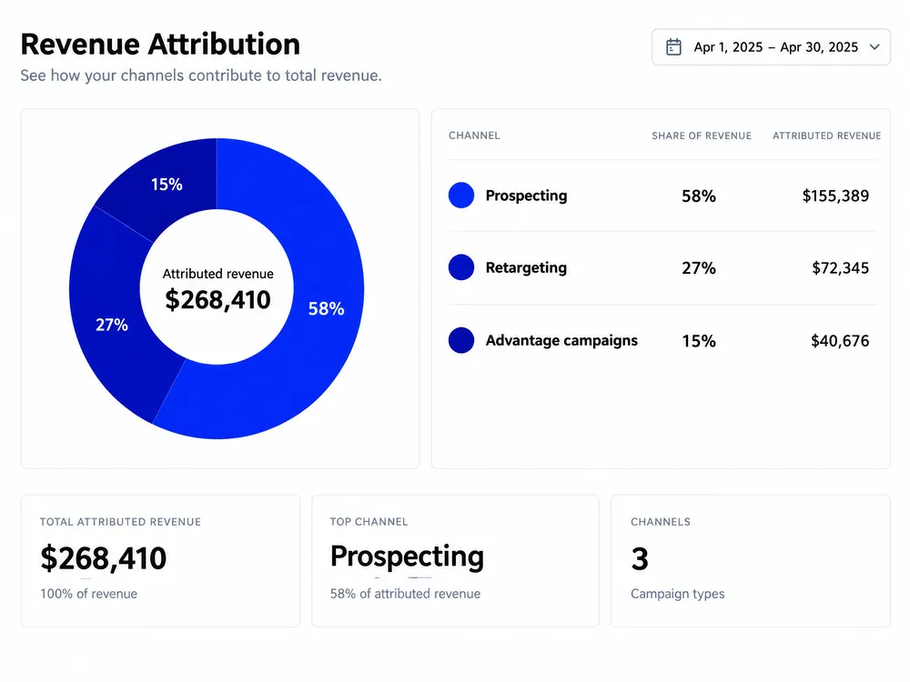 Revenue attribution donut chart totaling $268,410 across prospecting and retargeting