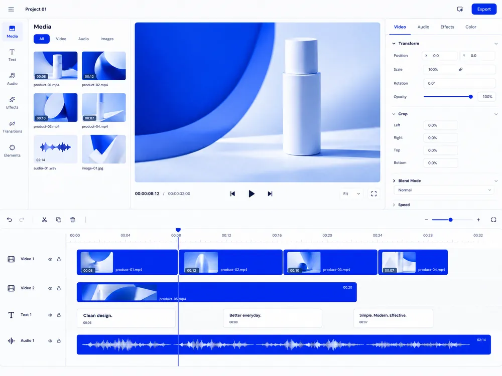 Editing timeline with blue video clips, captions, and an audio waveform