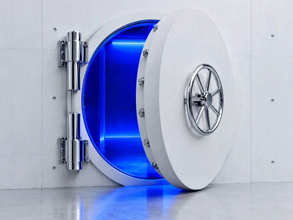 Open chrome vault door glowing blue, account recoveries