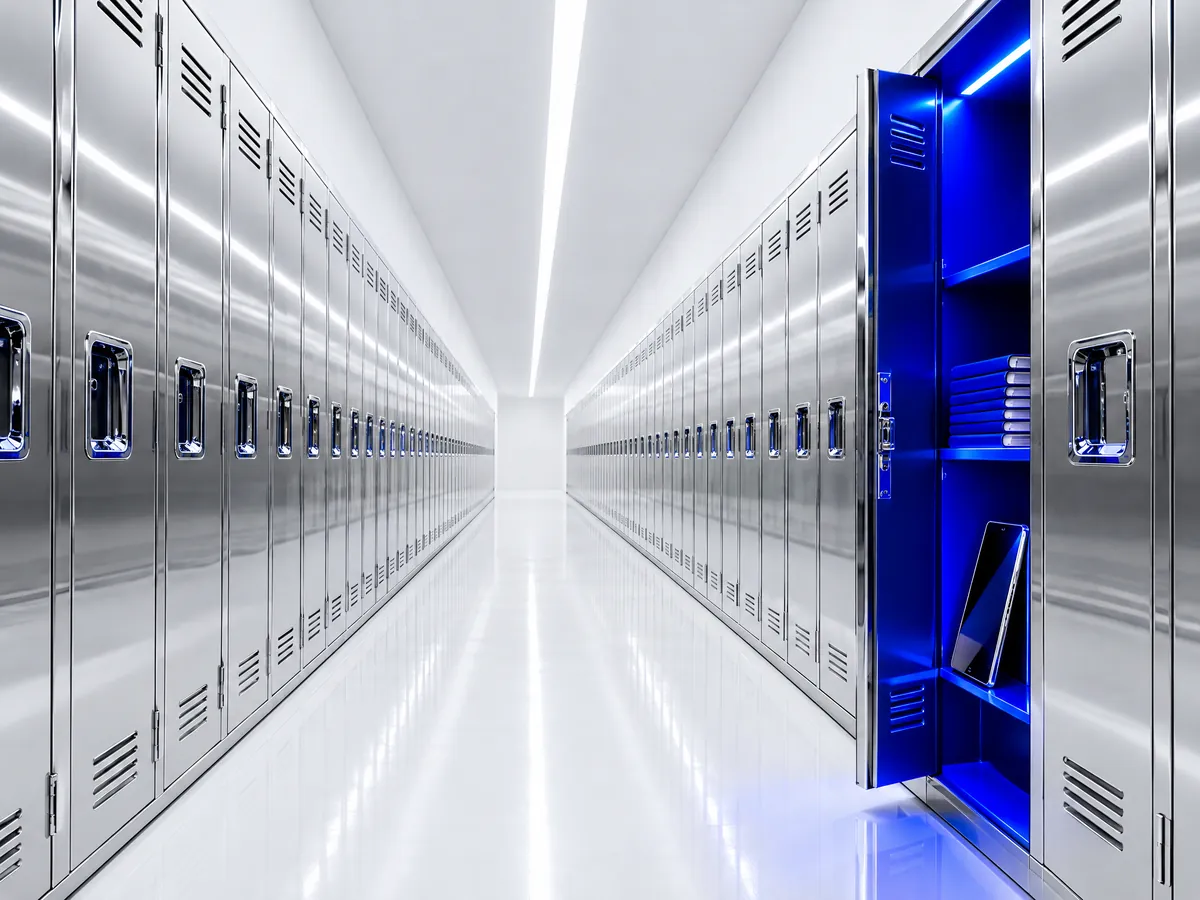 A white corridor of chrome lockers with one open locker glowing blue