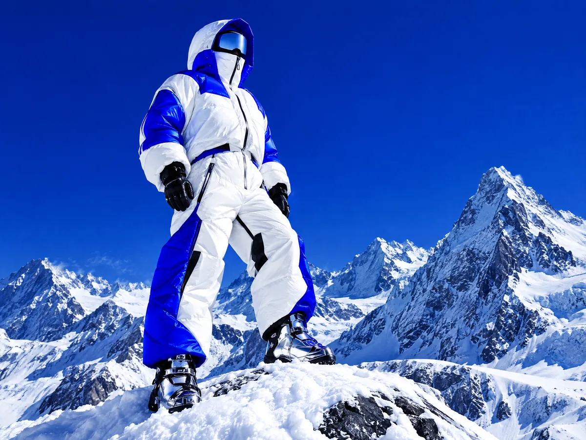 Figure in white and blue techwear on a snow ridge, social media growth